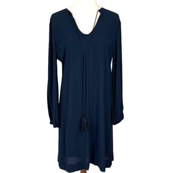 Chiffon Shift Dress Navy Blue LARGE Tassel Career Italian Designer $330 NEW - Picture 1 of 7